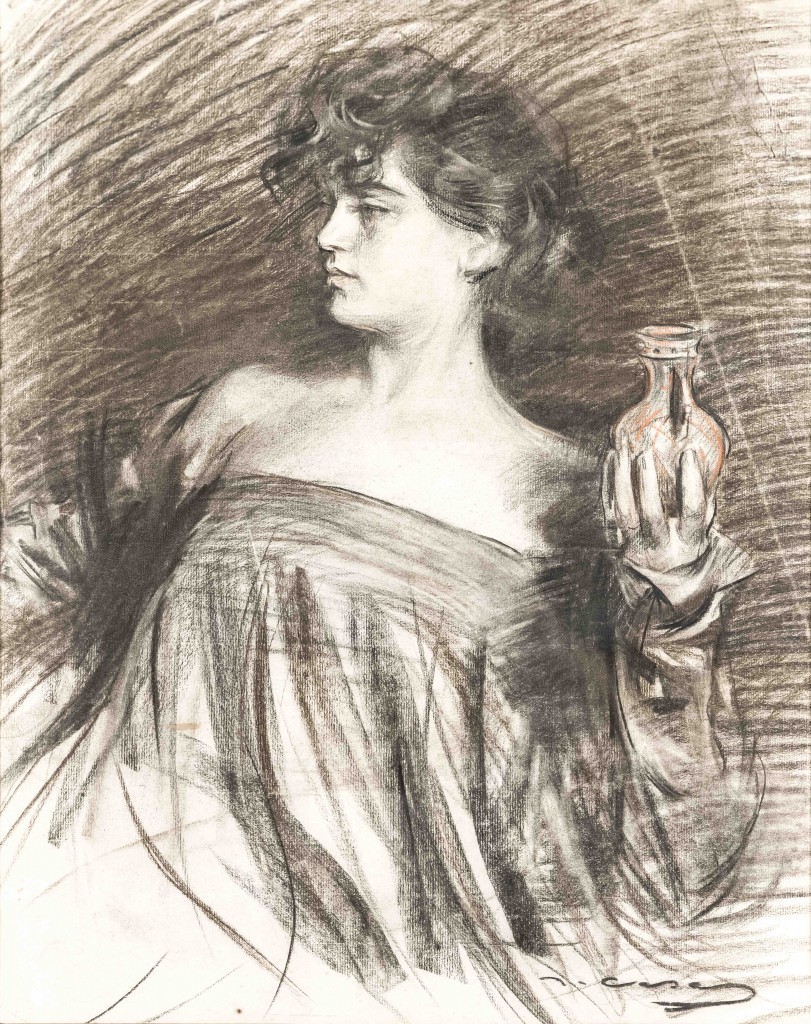 Júlia sosteniendo un frasco de perfume. Carboncillo y sanguina sobre papel, c. 1906