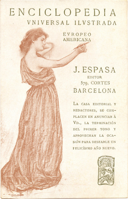 Postal promocional para la Enciclopedia Espasa, c. 1907.