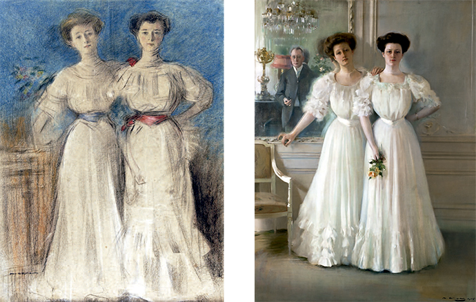 Estudio para el retrato de Barbara y Marion Deering. Carboncillo y pastel, 1905 (izq) y Retrato de Barbara y Marion Deering. Óleo sobre tela, 1905 (der).