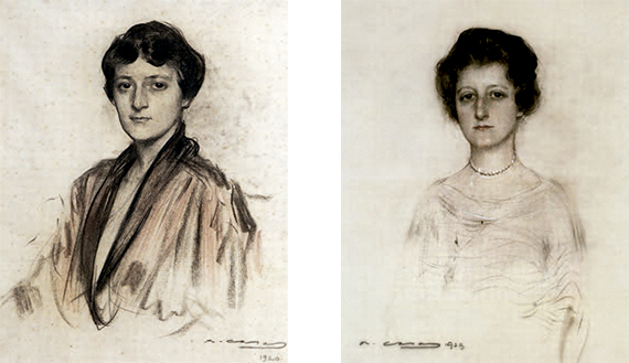 Retrato de Marion Deering. Carboncillo sobre papel, 1923 (izq) y Retrato de Barbara Deering. Carboncillo  y pastel sobre papel, 1920 (der).