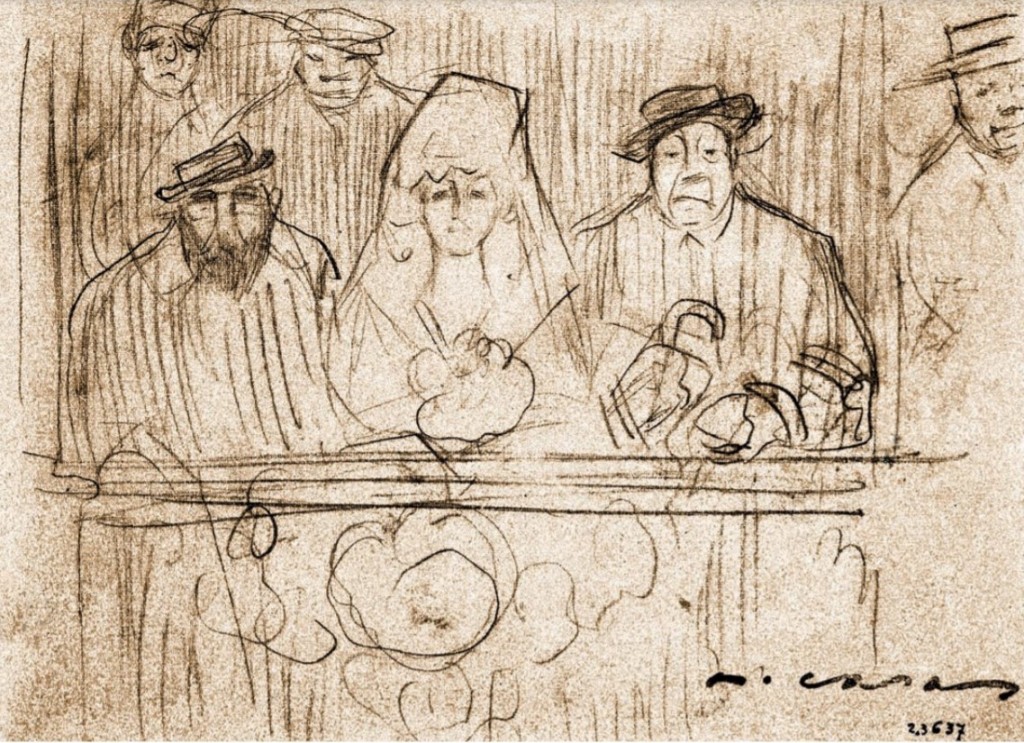 Junto a estas líneas, un documento representativo de los dibujos caricaturescos de Ramon Casas. La escena nos muestra una manola flanqueada por el pintor y por Deering; al fondo, adivinamos los rostros de los criados orientales de éste último.