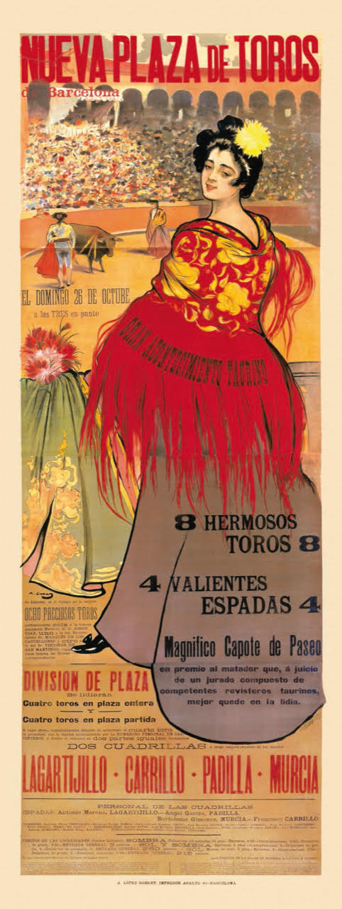 La vinculación de Ramon Casas con el mundo del folclore fue más allá de las chulas y manolas, convirtiéndose en un artista de referencia del mundo del toreo. Fruto de esta vinculación fue el encargo del cartel de la inauguración de la plaza de toros de Las Arenas de Barcelona, en 1900, mostrado junto a estas líneas. El cartel fue reutilizado para anunciar distintas corridas. La ilustración de base era reproducida a una tinta mientras que el texto, variable en cada ocasión, se sobreimprimía.